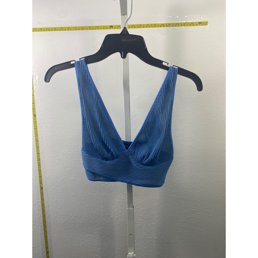 Shein Blue Ribbed Crop Top V-Neck Sleeveless Wrap Hem Adjustable Straps XS 2